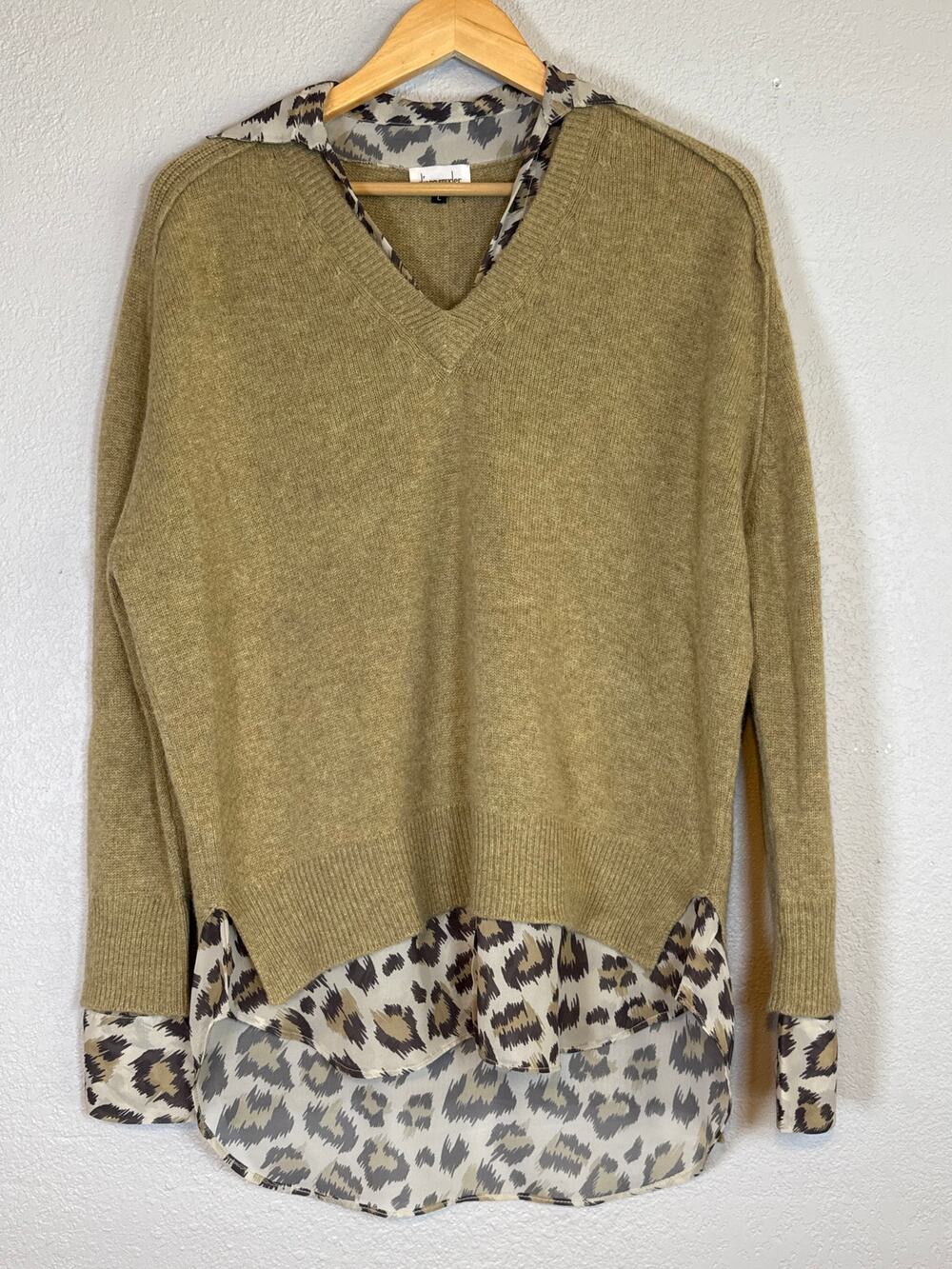 Vintage 100% Cashmere Camel V Neck Sweater Cheetah Print Attached Shirt Large